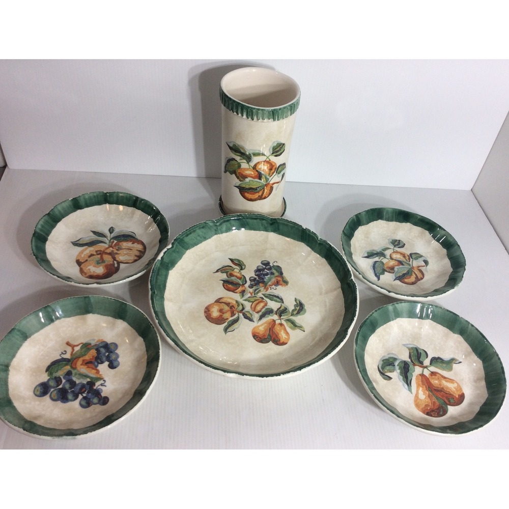 Mid Century Himark Spongewear Italy Pottery Pasta Bowl Set Cottage Core Green